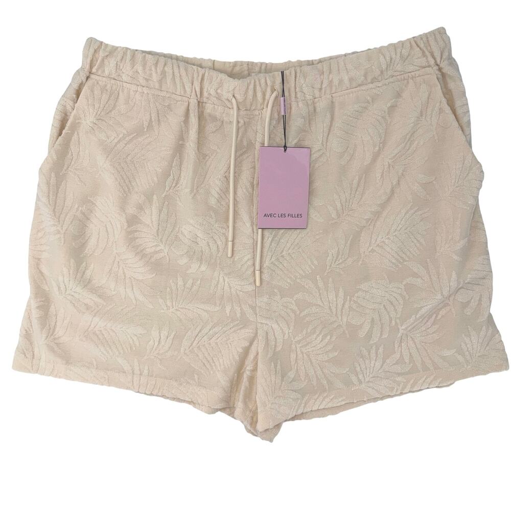 Avec Les Filles Cream Palm Leaf Terry Jacquard Drawstring Lounge Shorts Size XL